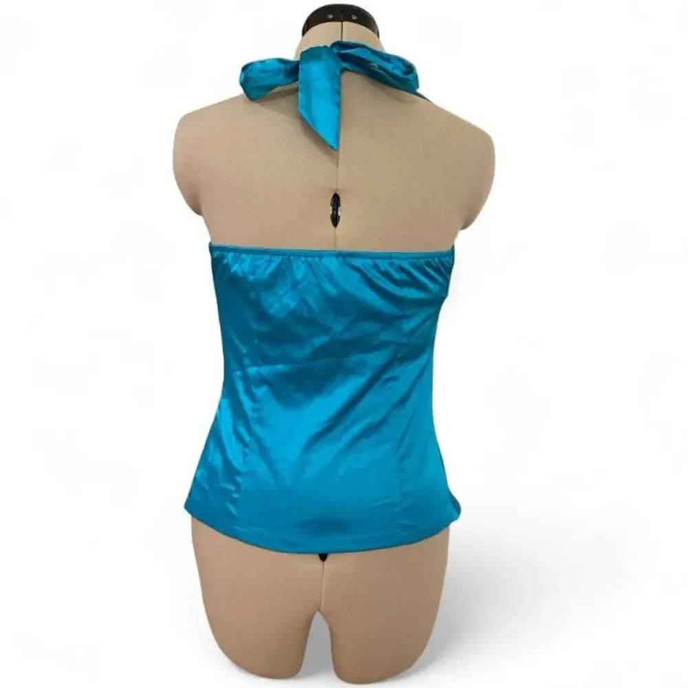 Y2K NWT Poetry blue halter top with button front and ruched details, size M.